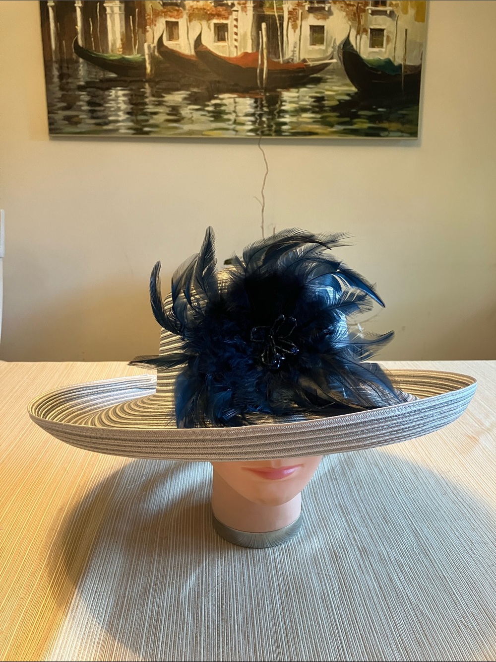 Chic Gray Stripped Wide-Brim Women's Feather Accent Hat